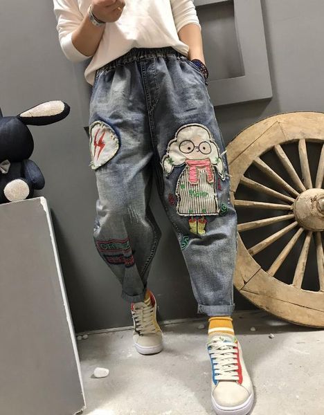 

women's jeans women summer autumn retro loose all-match denim trousers ladies 2021 patchwork character casual pants, Blue