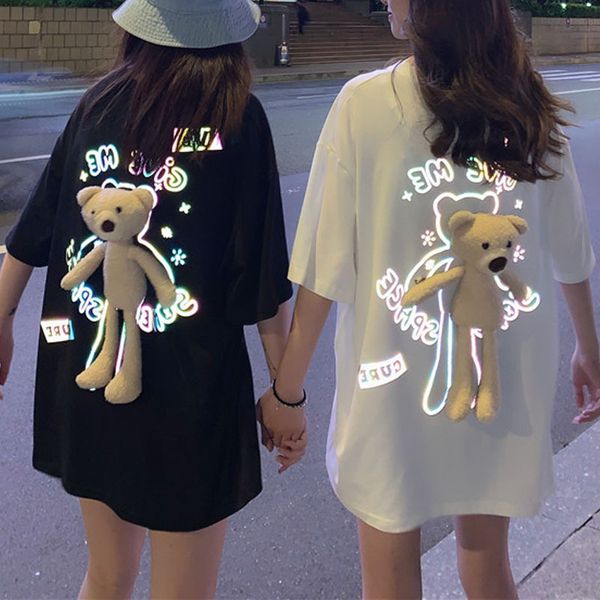 

reflective print little bear back ornament 2020 fashion streetwear hip hop chic women t-shirts oversize couples, White
