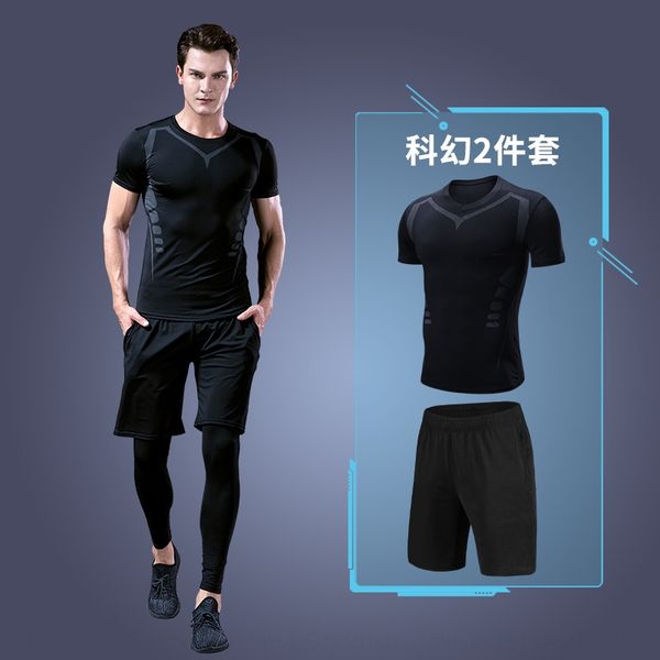

be9kq quick-drying sports t-shirt short sleeve fitness suit tight pants sports suit sportswear high elastic tights gym science fiction two-p, Black