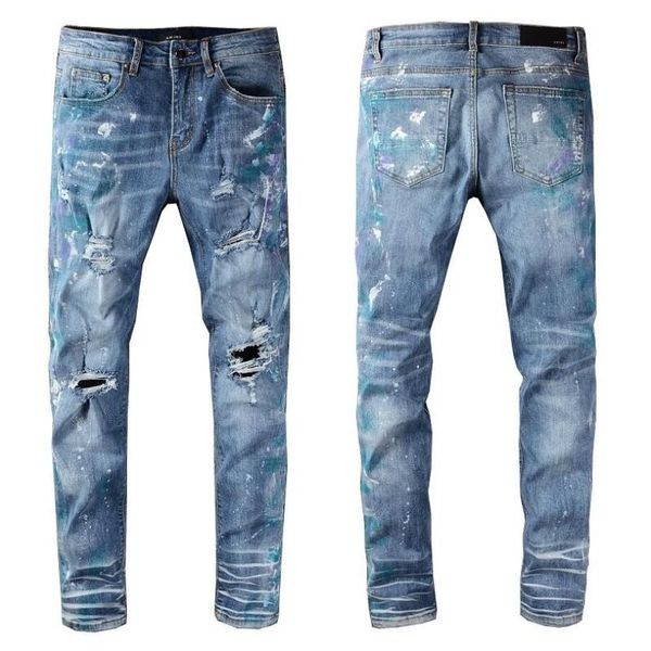 

2020 new mens jeans distressed motorcycle biker jeans rock skinny slim ripped hole famous denim pants skinny jeans, Blue