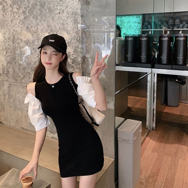 

dating main standard combat robe elegant off-shoulder stitching knitted series dress dress /dresses, Black;gray