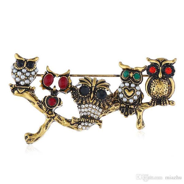

fashion jewelry alloy europe and america five owl brooch pearls rhinestone crystal owl brooch women scarf pins pretty gift, Gray