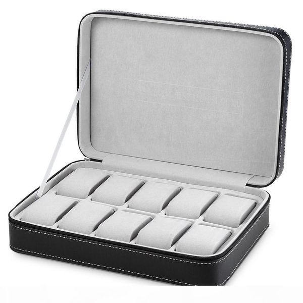 

2019 special for travel sport protect 10 grids pu leather wristwatch box casezipper travel watch jewelry storage bag box, Black;blue