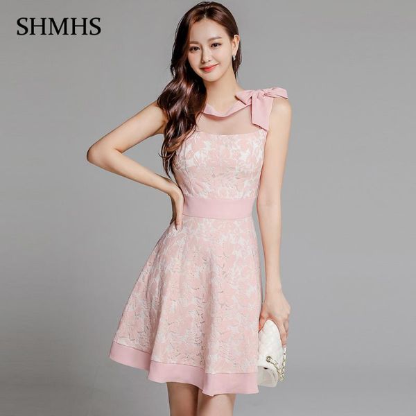 

pink lace dress 2020 summer korean version simple sleeveless high waist o-neck mesh stitching a-line elegant party dress, Black;gray