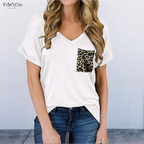 

us warehouse v neck t shirt linen women short sleeve tee 2020 summer leopard pocket t shirt women casual streetwear for, White
