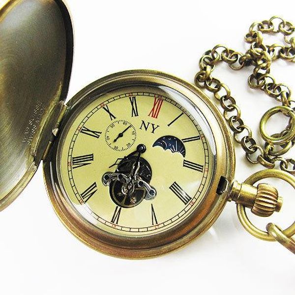 

100% brass antique moonphase tourbillon mechanical pocket watch t200502, Slivery;golden