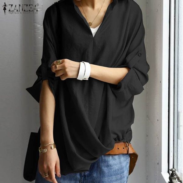 

2020 zanzea autumn elegant shirt women long sleeve asymmetrical blouse casual v neck cotton linen blusas tunic chemise, White