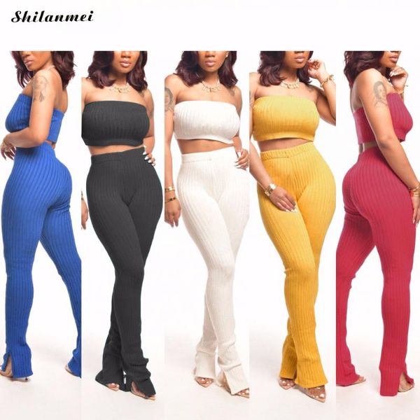 

women crop and split flare pant suits 2 piece club outfits knit two piece set summer tracksuits matching sets, White