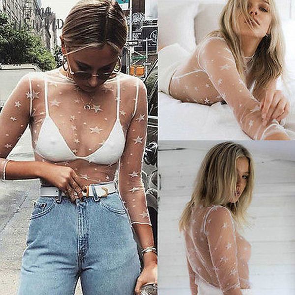 

star print t shirts women mesh net t shirt long sleeve tee transparent slim white