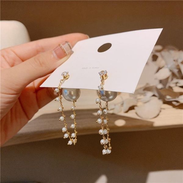 

mengjiqiao korean new fashion elegant simulated pearl tassel drop earrings for women party crystal brincos accessories jewelry, Silver