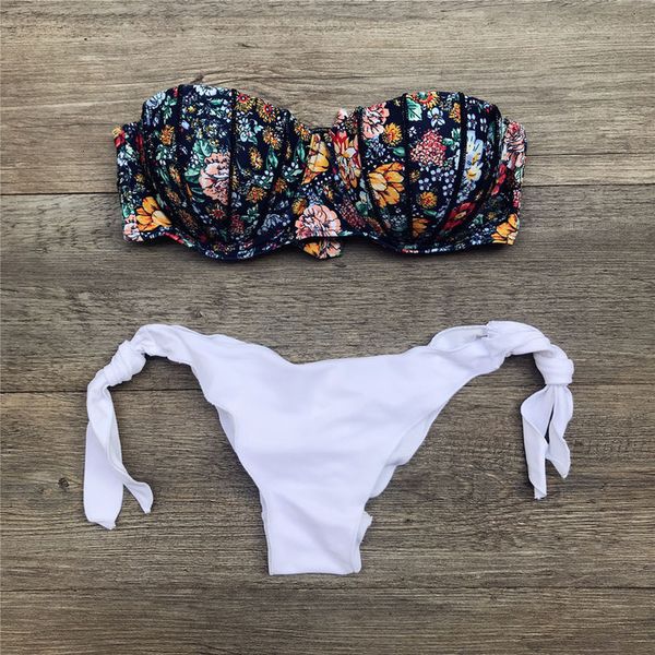 

2020 bohemia ladies strapless bikini floral print low waist women swimsuit summer push up bikini swimwear, White;black