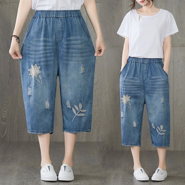 

heawq 2020 summer thin 2020 summer capri pants hole embroidered loose large size women's clothing slimming casual fat mm elastic waist, Blue