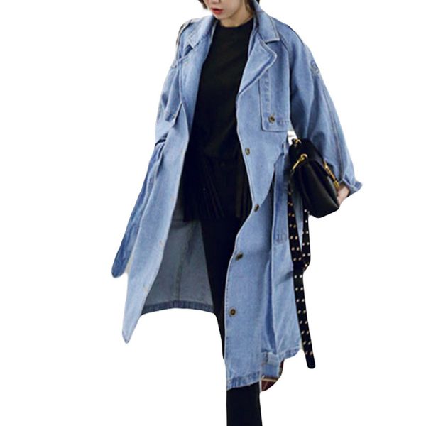 

spring autumn women casual loose x-long denim trench coat female denim overalls plus size adjustable waist coat, Tan;black