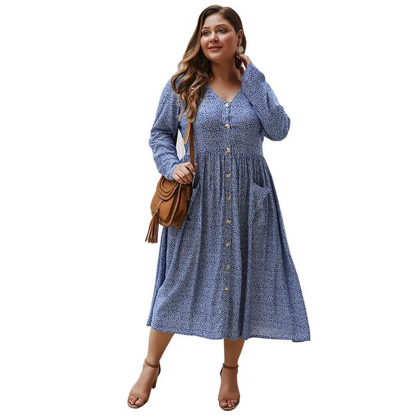 

2020 New women long sleeves casual plus size printed dress with buttons for autumn