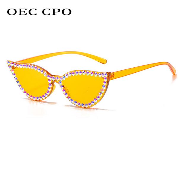 

oec cpo diamond rimless cat eye sunglasses women new rhinestone one piece sun glasses female fashion eyeglasses uv400 o650, White;black