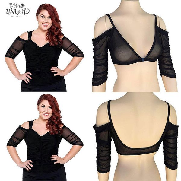 

women solid crop both side wear t shirts sheer plus size seamless arm shaper mesh shirt femme t shirt, White