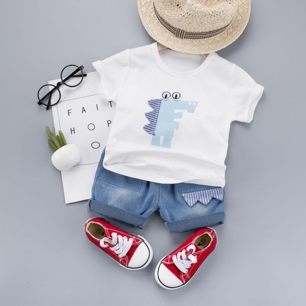 

2020 summer new korean style casual boy cartoon dinosaur cotton short sleeve t-shirt two-piece set and jeans t-shirt jeans