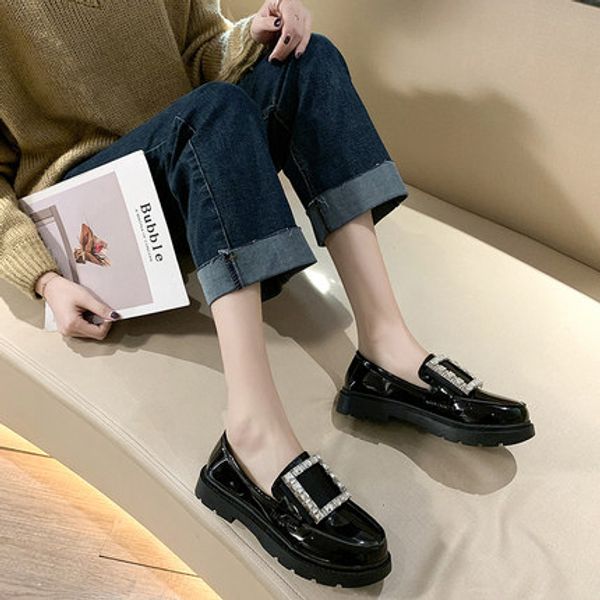 

women's shoes 2020 spring new round toe square buckle patent leather trifle sole shoes women's flat loafers leather, Black