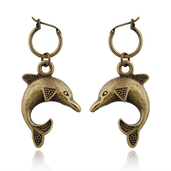 

1 pair retro cute dolphin sun moon spider hoop earrings women jewelry bronze hippo girl animals pendant circle earrings e396, Golden;silver