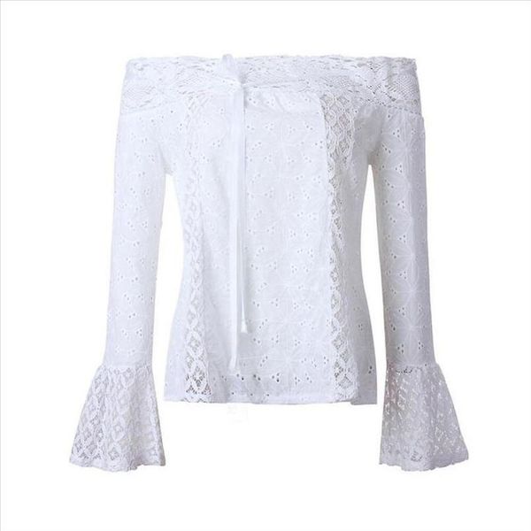 

white lace blouse shirt women off shoulder slash flare sleeve female blouses summer hollow out