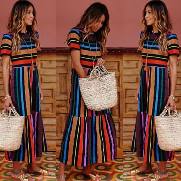 

новых женщин лета boho полосатый с коротким рукавом bohemian платья длинные maxi платье партии пляжа sundress drop доставка, Black;gray