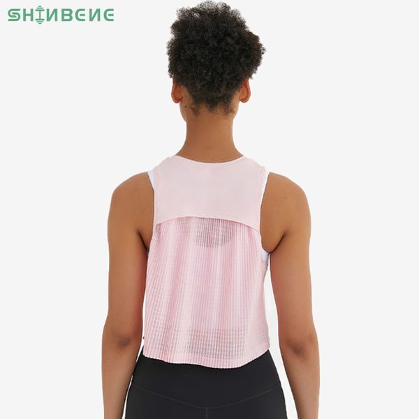 

shinbene pleats high-neck yoga fitness tank vest women loose fit quick dry workout athletic crop sleeveless shirts, White;red