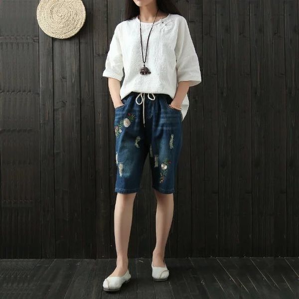 

толстая mm большой размер плюс пухлый летом новый художественный стиль шнуровке цветок розы вышитые и вышитые джинсы укороченные джинсы 77, Blue