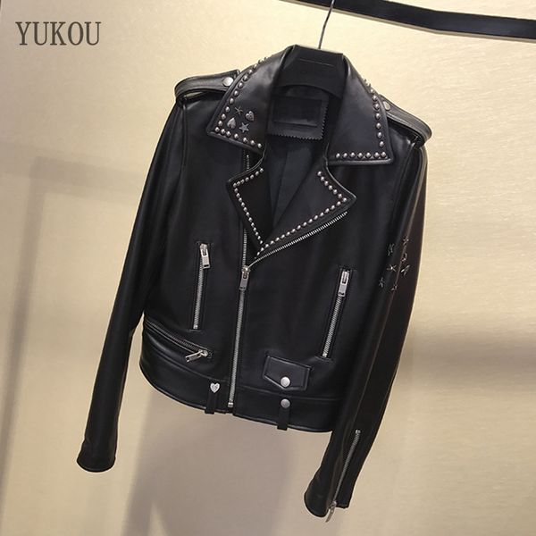 

women's leather & faux yukou 100%real women coats sheepskin genuine short jacket motorcycle clothing rivet decoration, Black