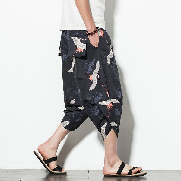 

wide leg cotton linen drawstring pants men elastic waist trousers mens 2020 summer loose fitness casual pants male streetwear, Black