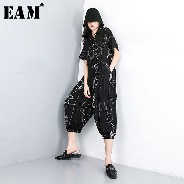 

eam] 2020 новая весна осень высокой талией карманный строчка printed сыпучие широкие ноги штаны женщины комбинезон мода tide jw920, Black;white