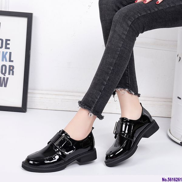 

t new solid patent leather women shoes woman oxford leisure shoes female square low heels hoop&loop casual, Black