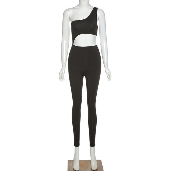 

2020 streetwear hollow out skinny jumpsuits outfits woman sleeveless one shoulder playsuits fashion sport wear, Black;white