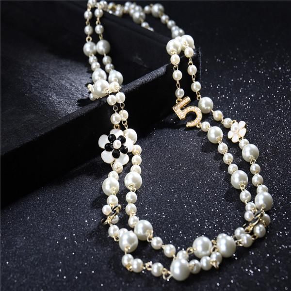 

mimiyagu long simulated pearl necklace for women no.5 double layer collane lunghe donna camelia maxi necklace party, Golden;silver