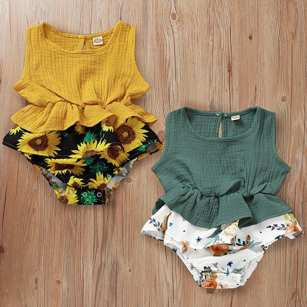 

cotton linen bodysuit infant baby girls sleeveless summer patchwork sunflower floral print body baby jumpsuit baby girl clothes, Blue