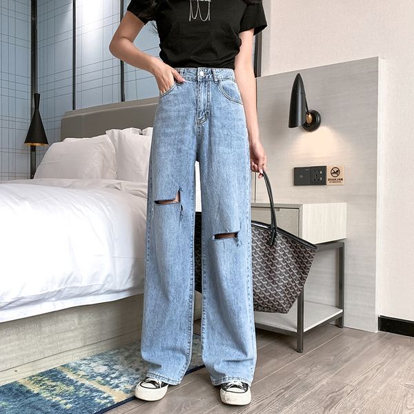 

uciaq suitable for women's and jeans wide-leg thick ice oxygen bar hole jeans summer thin loose large size high waist wide-leg straight, Blue