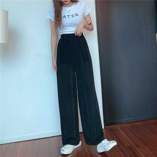 

casual high waist pants women autumn elastic wide leg pants black drawstring loose pant trousers korean woman clothing 2020, Black;white