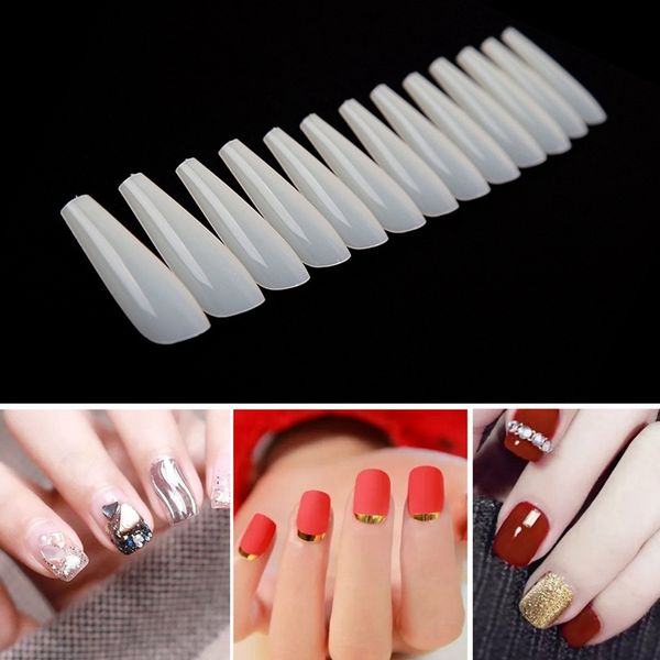 

600pcs/pack fake nail artificial press on long clear/natural false coffin nails art tips full cover false nails for diy nail art, Red;gold