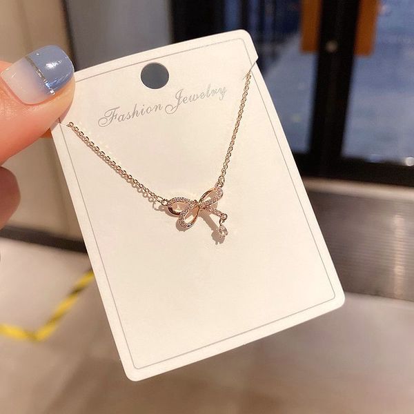 

high-end cubic zirconia bowknot pendant necklace for women rose gold color clavicle chain jewelry, Silver