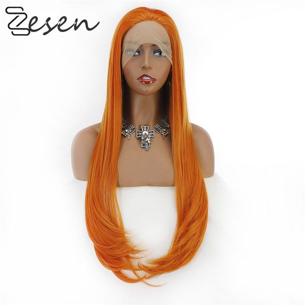 

zesen copper red middle part lace front wig for women party baby hair heat resistant synthetic hair wigs colored orange, Black