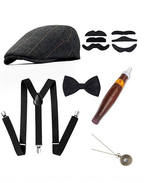 

men's theme party beret pocket watch strap beret cigar pocket watch strap bow tie six-piece set, Blue;gray