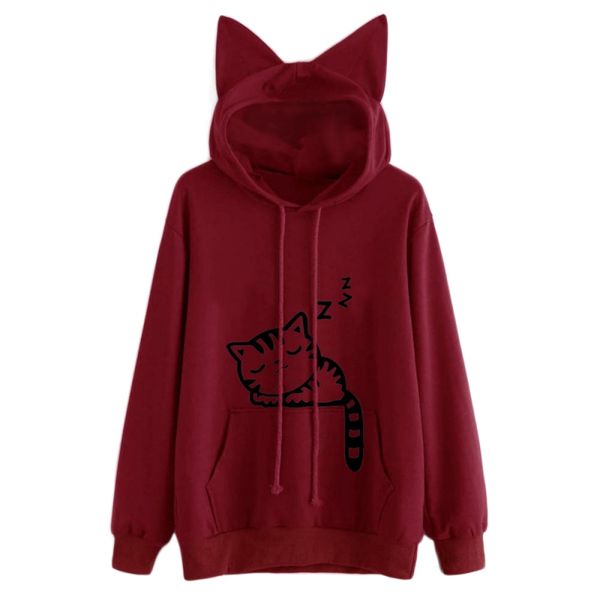 

women's hoodies & sweatshirts fashion cat ear hooded womens printed long sleeve pullovers, Black