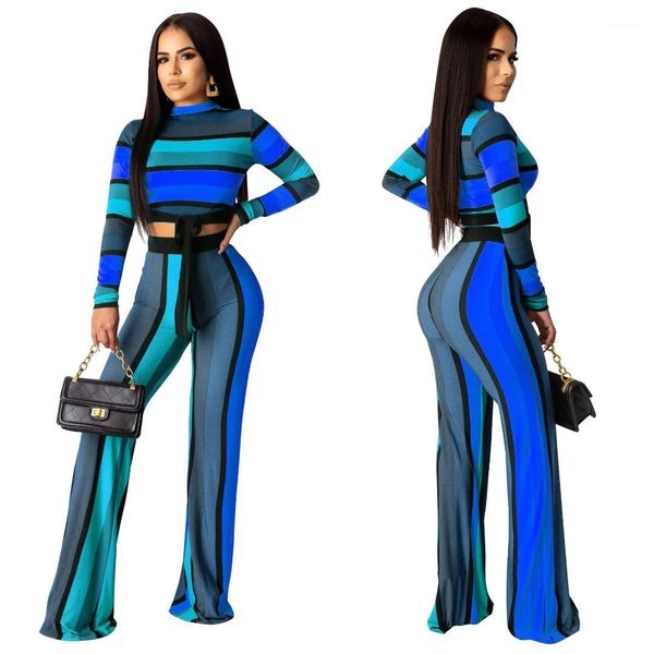 

leg pants suits females fashion sets womens 2pcs striped print tracksuits spring autumn designer long sleeve crew neck short with wide, White