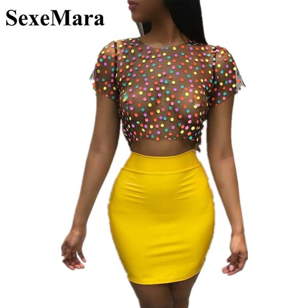 

sexemara women 2 piece set polka dot mesh tshirt crop and skirt short sets two piece club outfits bodycon dress d34-i76, Gray