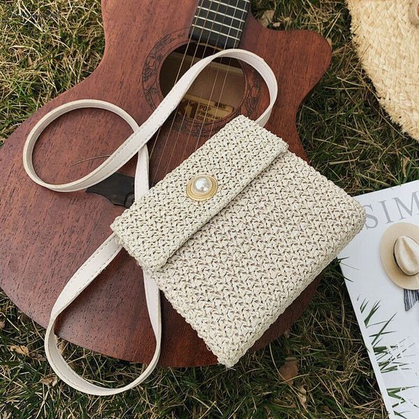 

womens fashion straw bag bohemian rattan hand woven crossbody bag straw pearl handbag beach bag