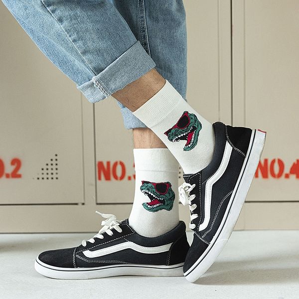 

kmgyp autumn autumn and winter tide new fashion and winter new men's mid-box socks cotton korean dinosaur cartoon pattern personalized, Black