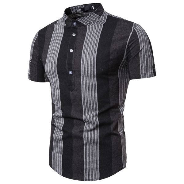 

men shirts short sleeve fashion stripe flat color stand collar plus size casual slim fit summer shirt men streetwear s-2xl, White;black