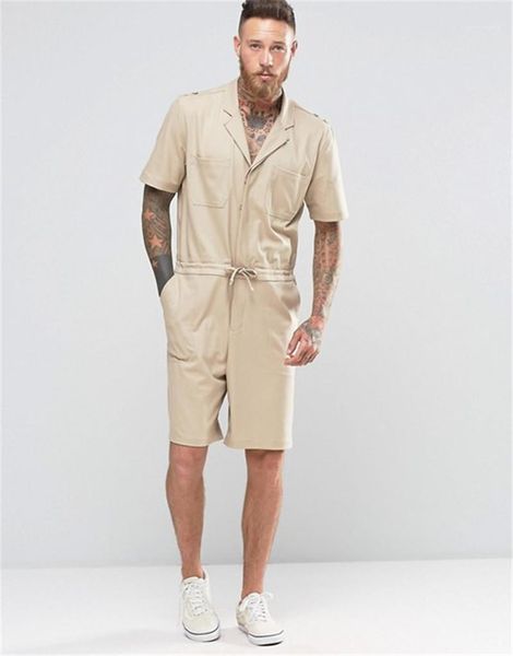

pockets belt solid color summer mens rompers lapel neck short sleeve cargo pants mens designer jumpsuits with, Gray