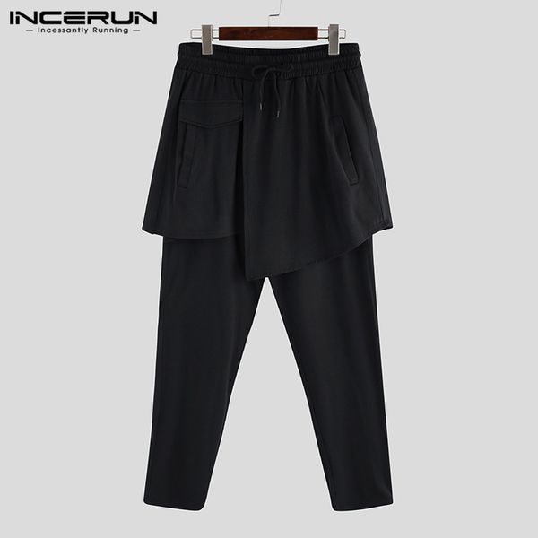

incerun men harem pants solid elastic waist streetwear punk style 2020 trousers joggers fashion irregular men skirts pants s-5xl, Black