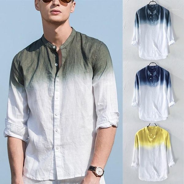 

брэстед половина рукава стенд воротник tops casual male одежда осень mens дизайнерская белье бленда хлопка рубашки gradient свободна, White;black