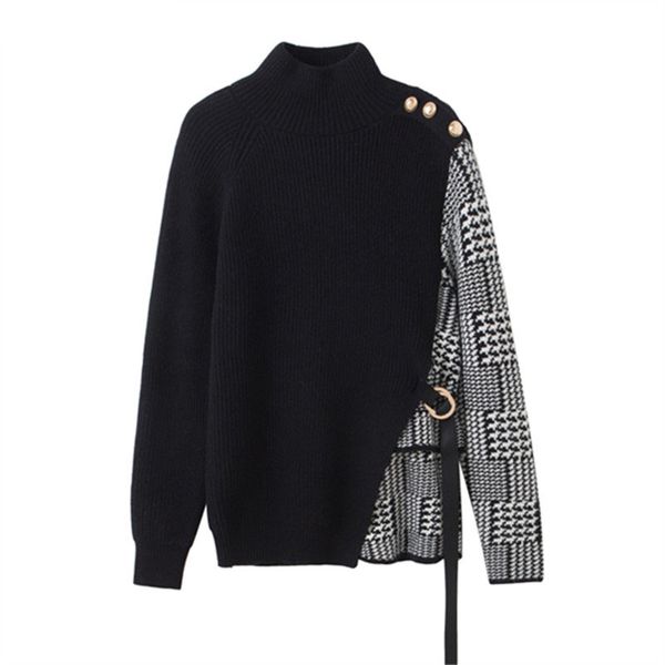 

women houndstooth patchwork pullover sweater women full sleeve half-turtleneck buttons korean fashion office sweaters 2020 winter, White;black